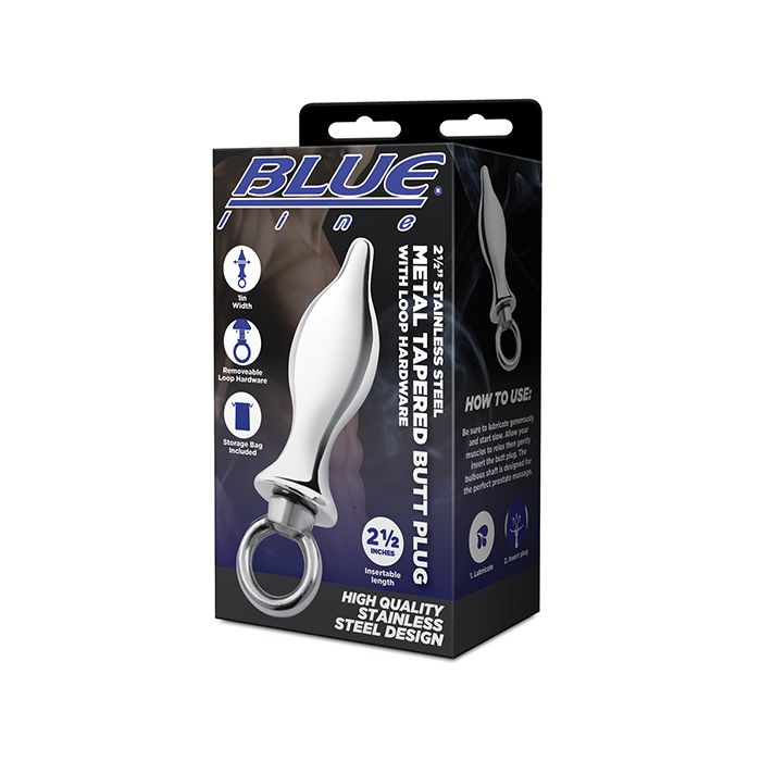Blue Line 2.5" Stainless Steel Metal Tapered Butt Plug With Loop Hardware
