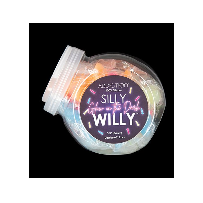 Addiction Silly Willy 3.3" Glow in the Dark Dildo Fishbowl - Asst. Glow in the Dark Display of 12