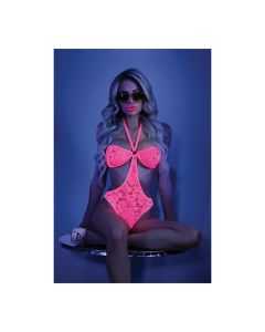 Glow Black Light Halter Bodysuit w/Open Sides Neon Pink