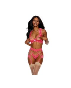 Lace Underwire Peek a Boo Bra, Garterbelt & G-String Coral XXL
