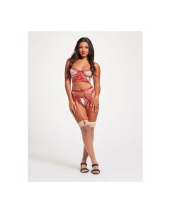 Sheer Stretch Mesh w/Floral Contrast Embroidery Bustier, Garter Belt & Thong Red/Nude