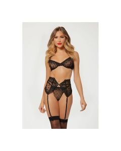 Valentines Heart Embroidered Mesh Bra, Waspie & Panty Black
