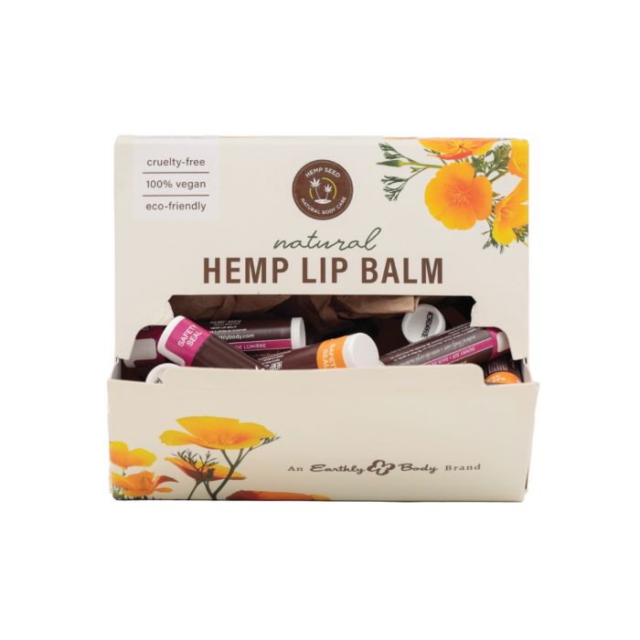 Earthly Body Hemp Seed Lip Balm Stick Display - Box of 48 Asst. Scents